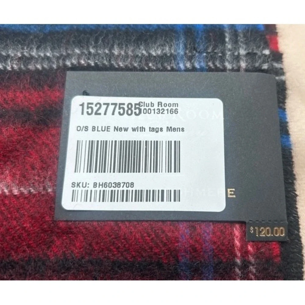 Club Room Mens Blue & Red 100% Cashmere Plaid Scarf Soft Warm Fringe 64 x 12 NWT